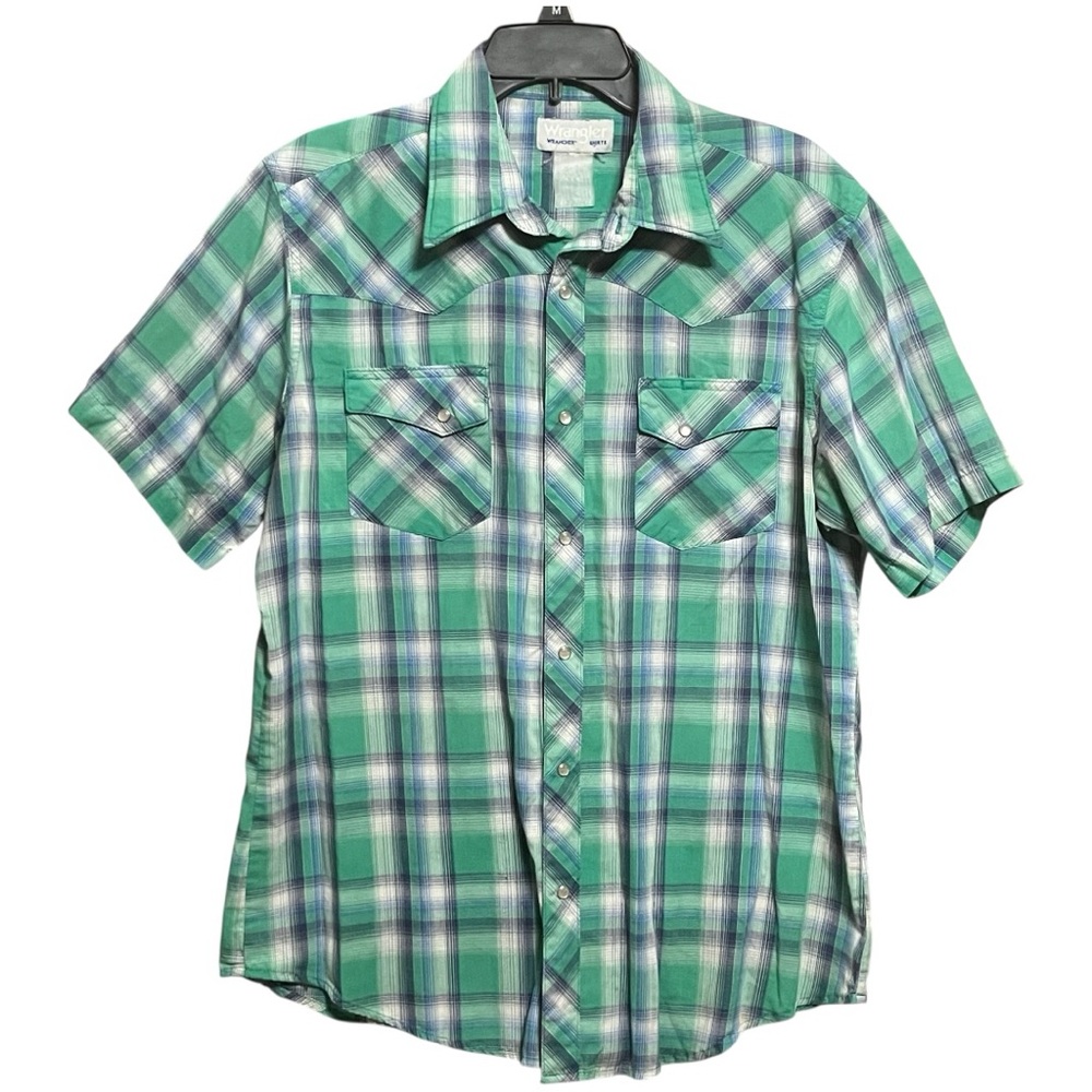 Wrangler Men’s Western Green and Blue Plaid Pearl Snaps Short Sleeved Shirt L